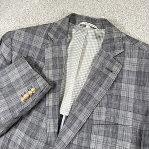 JKT New York Sport Coat Mens 44R Grey Plaid‎ 100% Linen Bond 141-359-425 Blazer